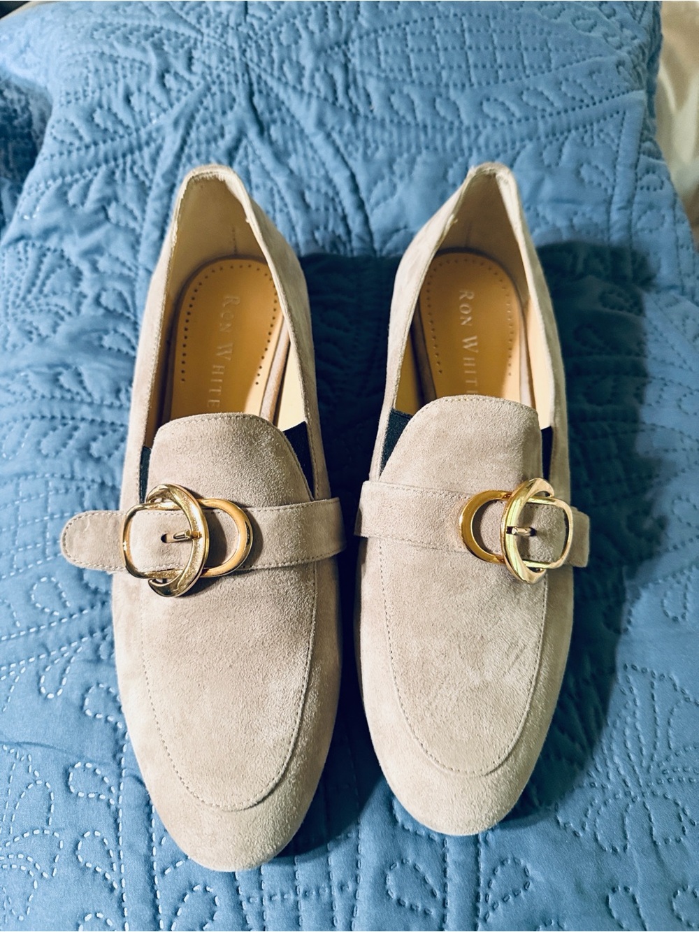 Ron White  Suede Loafers with Gold Double Buckle. Size 39.5. New never worn.